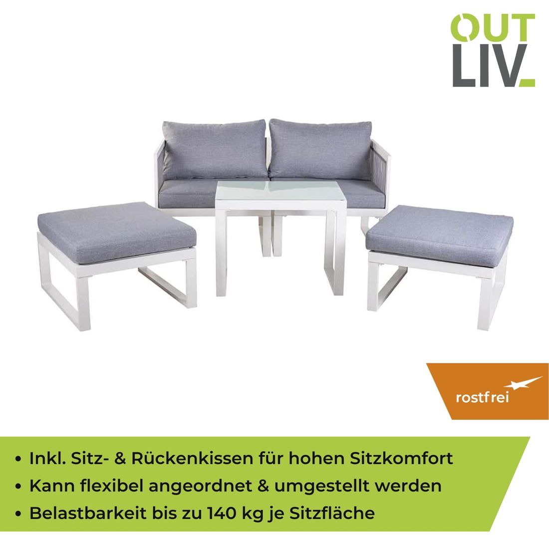 Loungesett Oscar aluminium/polypropylen hvit/grå - OUTLIV.