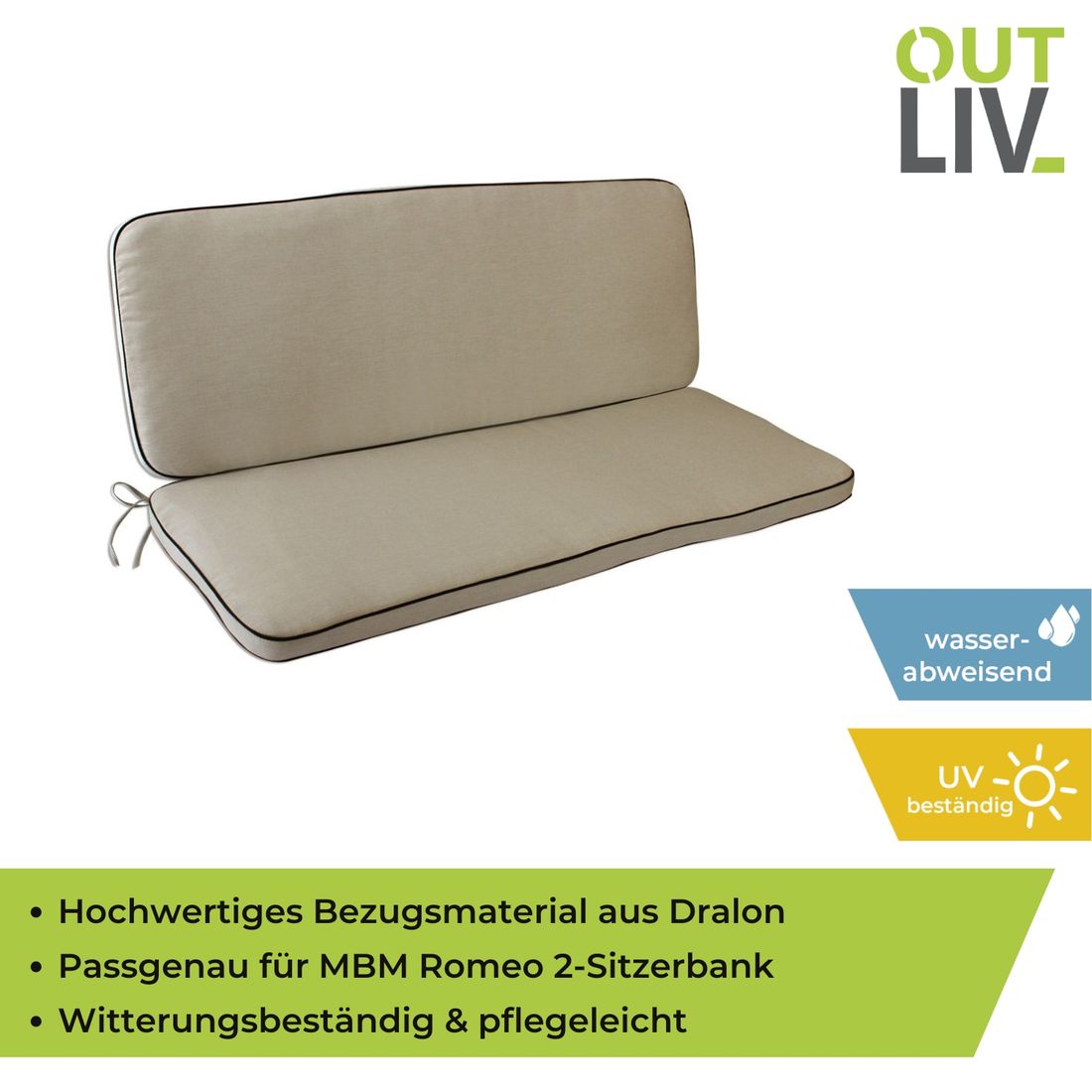 Benkepute Romeo 109x42 cm Dralon natur montert på benk