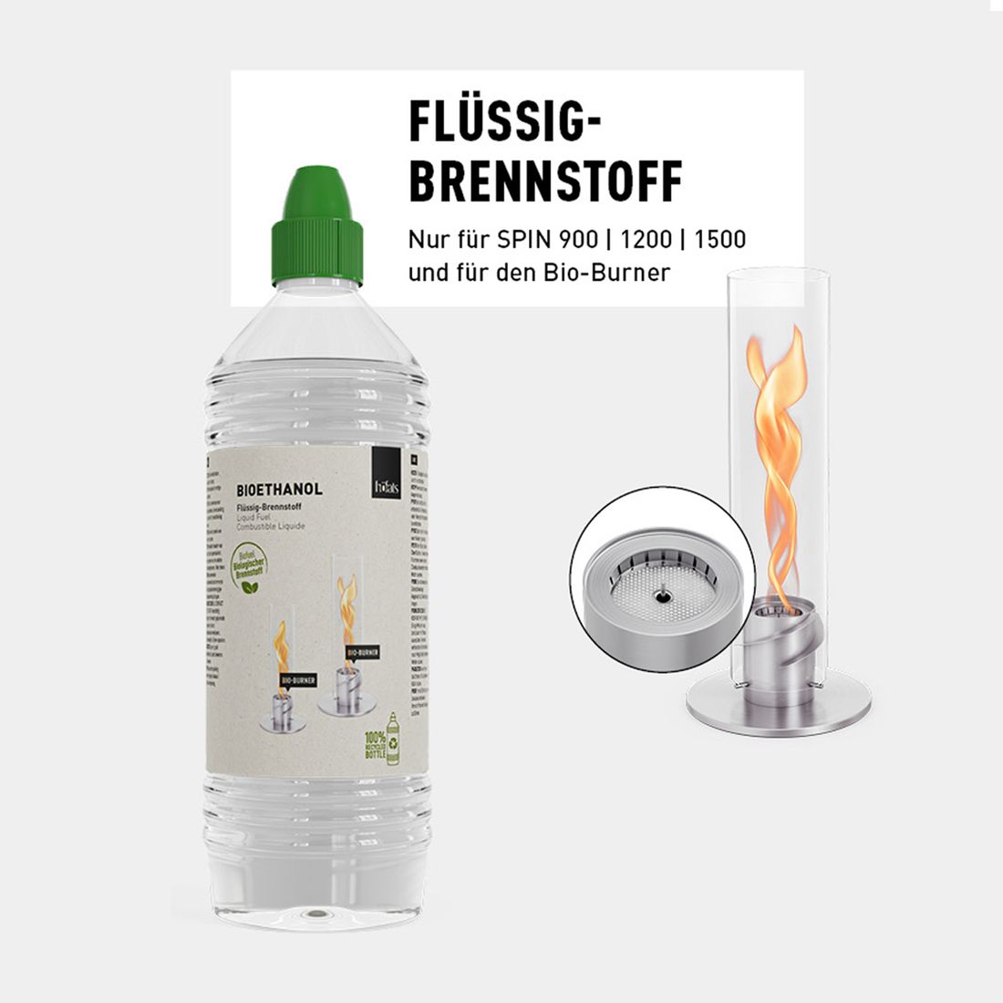 Nærbilde av Bioetanol flytende brensel SPIN 1 liter - höfats flaske