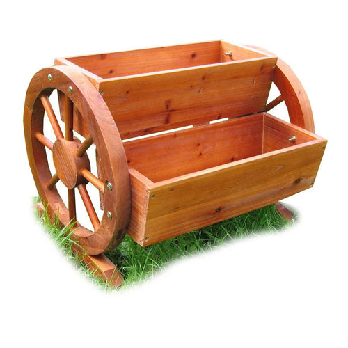 Blomsterkrukke med vognhjul tre natur 44 cm forfra