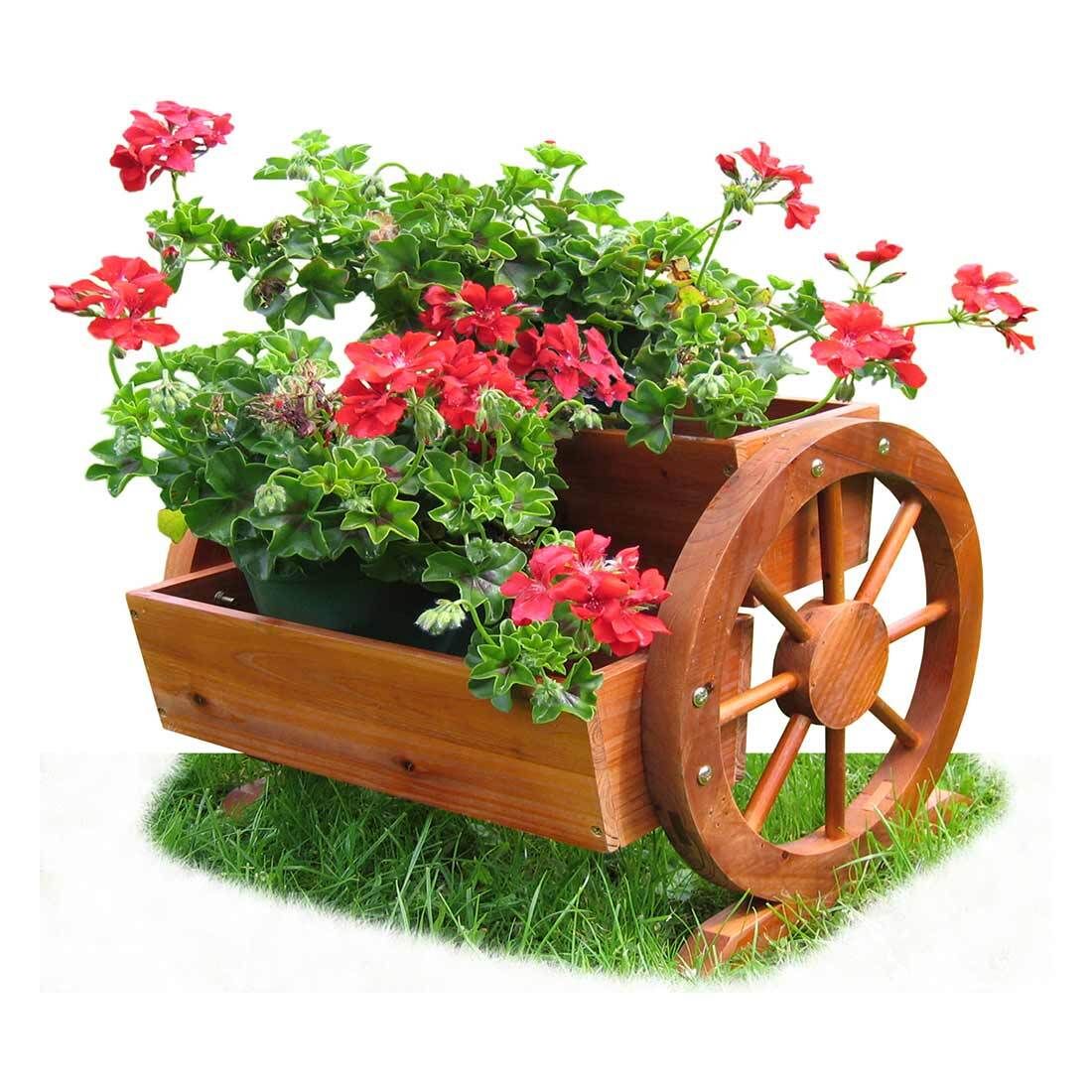 Blomsterkrukke med vognhjul tre natur 44 cm bakside