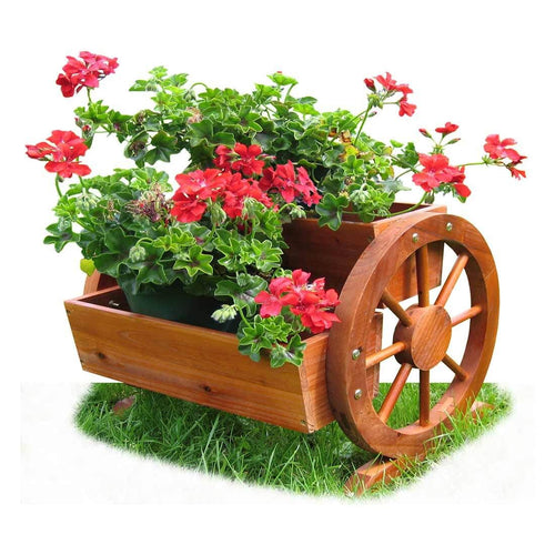 Blomsterkrukke med vognhjul tre natur 44 cm bakside