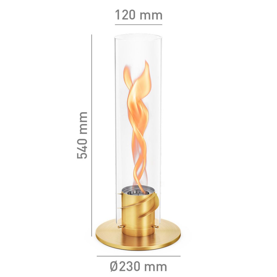 Bordild Spin 1200 rustfritt stål og glass flammeeffekt i dagslys