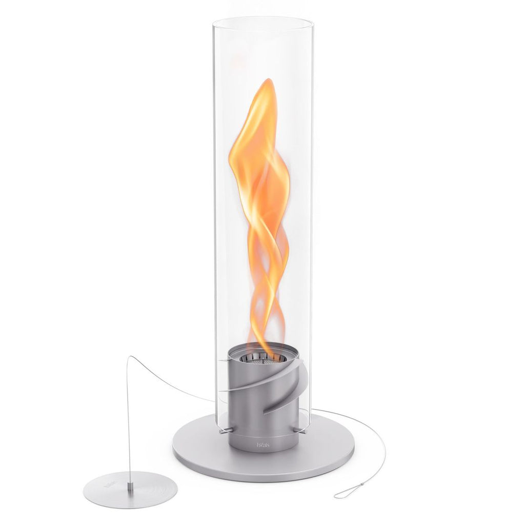Detalj av Bordild Spin 900 rustfritt stål og glass flamme