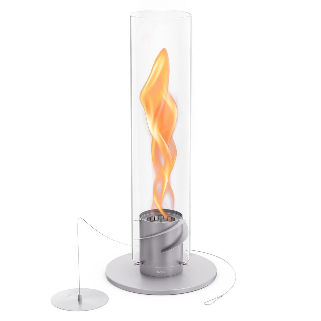 Detalj av Bordild Spin 900 rustfritt stål og glass flamme