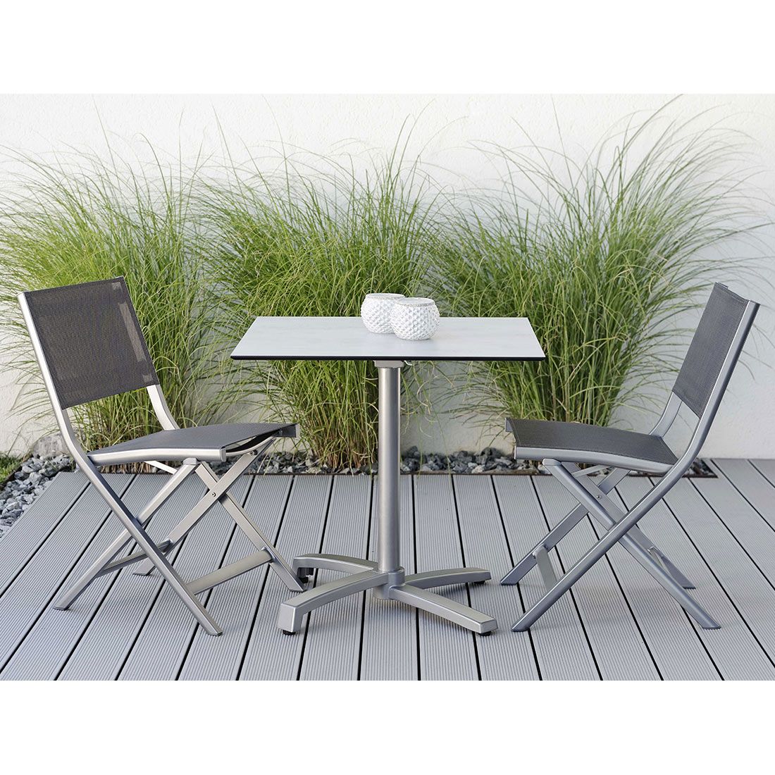Bordunderstell Livorno aluminium 80x80 cm klappbart på terrasse