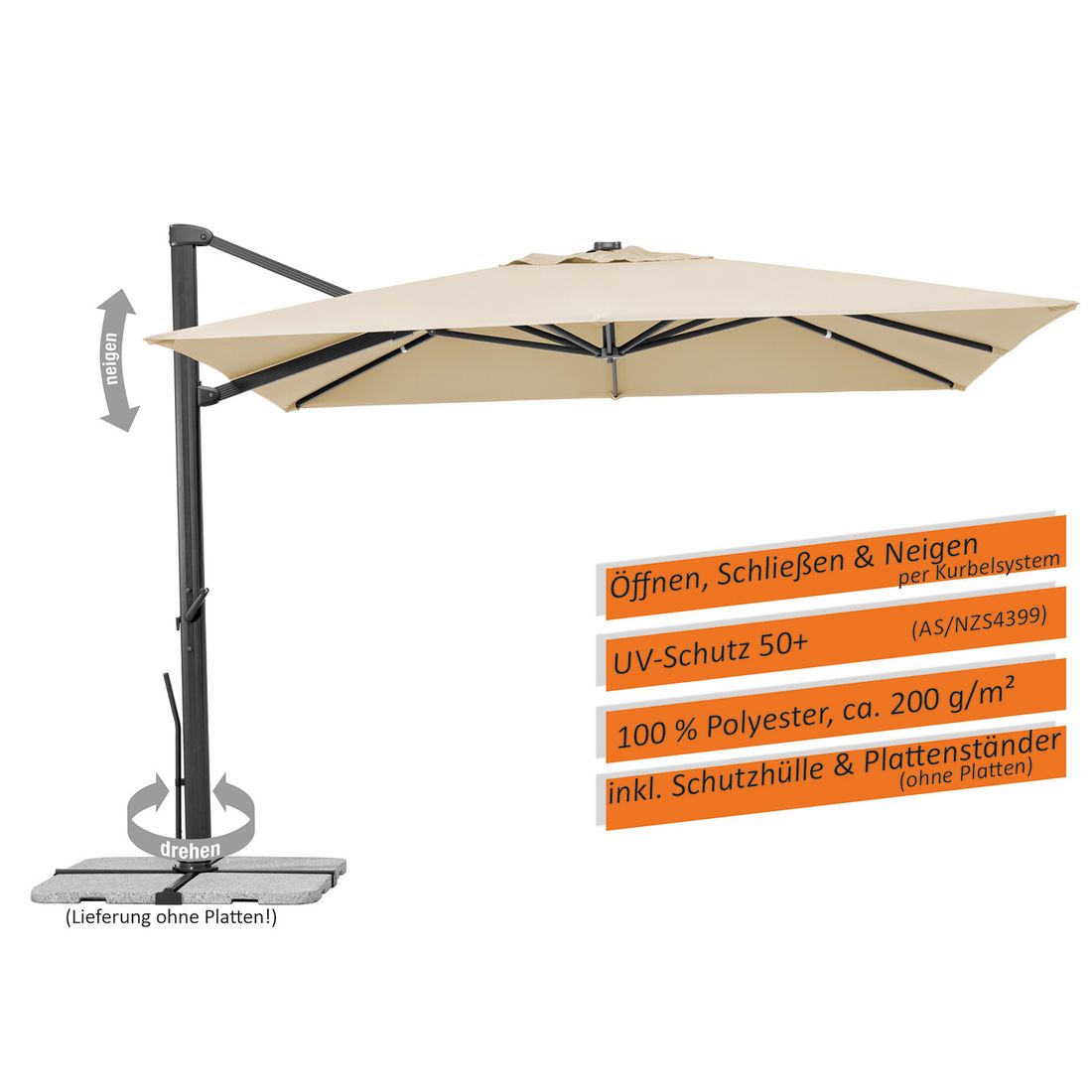 Fritthengende parasoll Rhodos Smart 300x300cm natur - Schneider