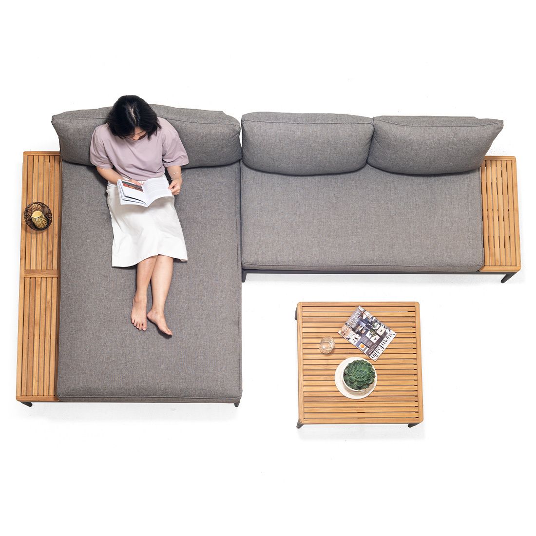 Daybed Topaz XL aluminium/olefin 130x158 cm detalj av teakkant