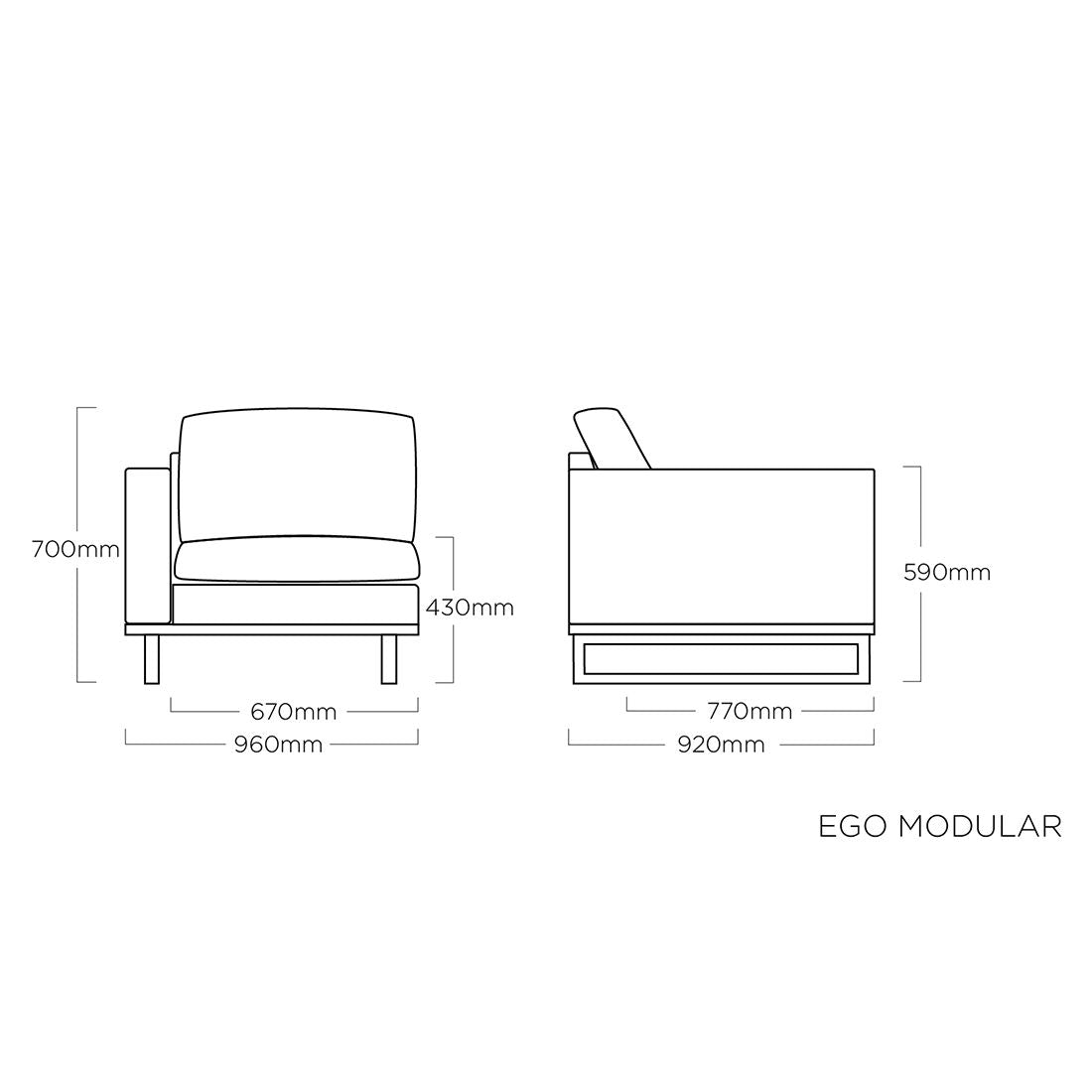Endemodul lounge Ego Modular aluminium/Sunbrella 96x92 cm montert i hage