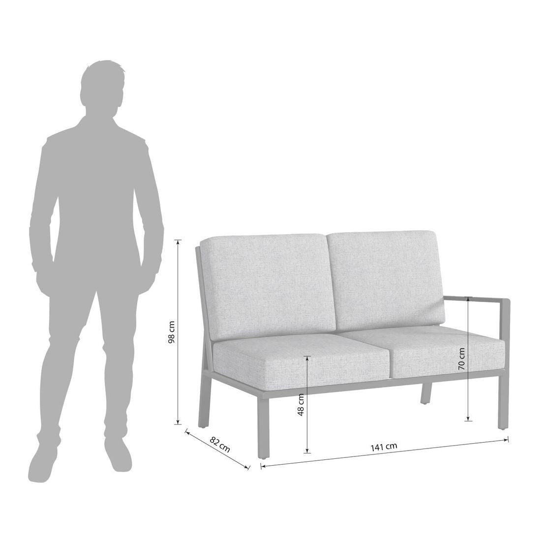 Detalj av stoff og ramme på Endemodul lounge Zenith aluminium/olefin 141x82 cm