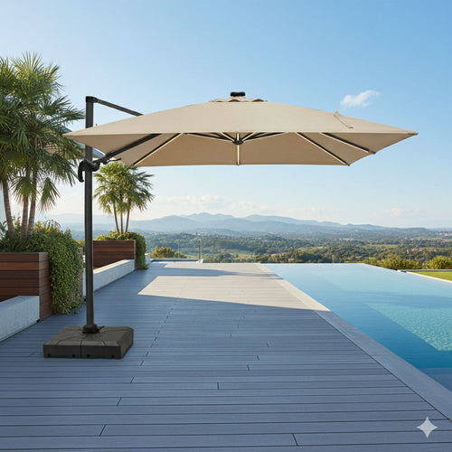 Bakside av fritthengende parasoll Cantilever 300x300cm med LED