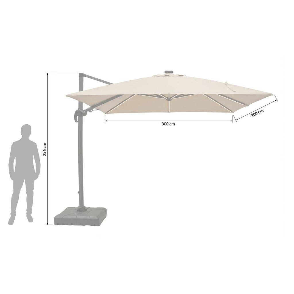 Detalj av stoff på fritthengende parasoll Cantilever 300x300cm med LED