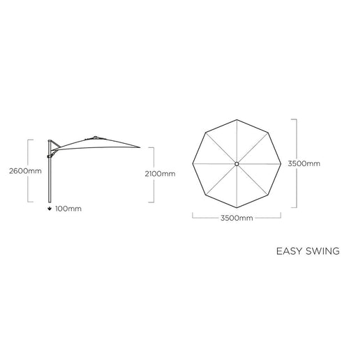 Fritthengende parasoll Easy Swing Ø350cm dreibar sett bakfra