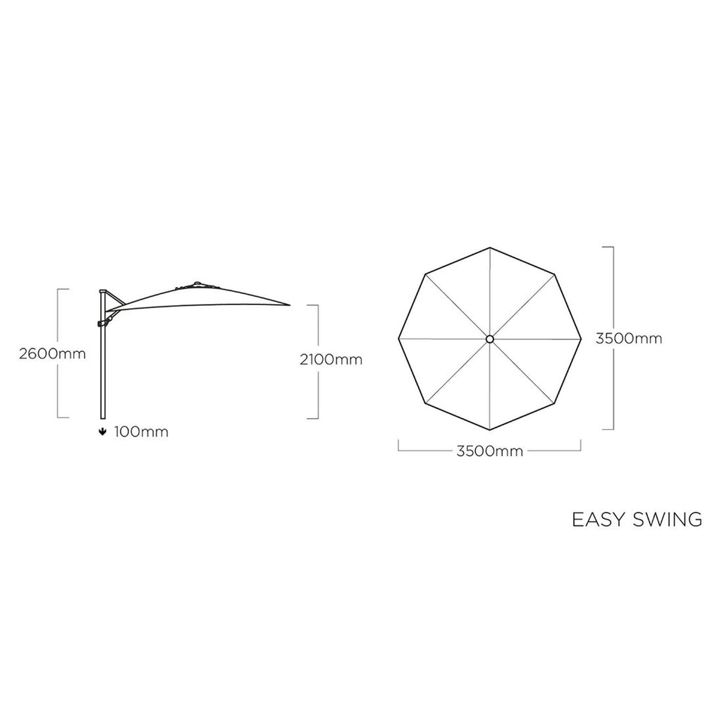 Fritthengende parasoll Easy Swing Ø350cm dreibar sett bakfra
