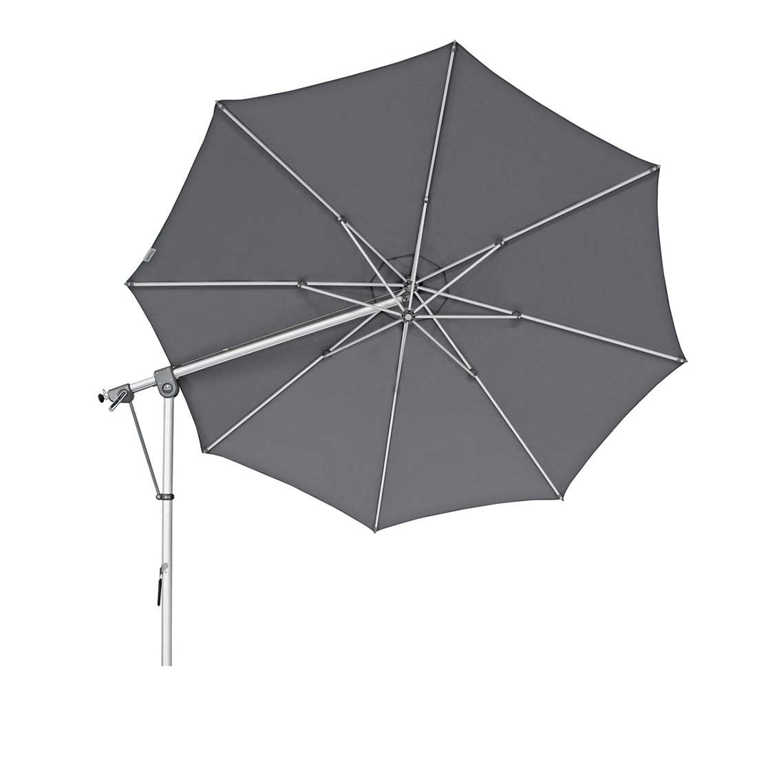 Fritthengende parasoll Expert Ø350cm dreibar polyester montert på terrasse