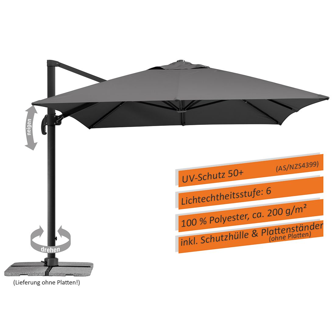 Fritthengende parasoll Rhodos Grande 400x300cm antrasitt - Schneider