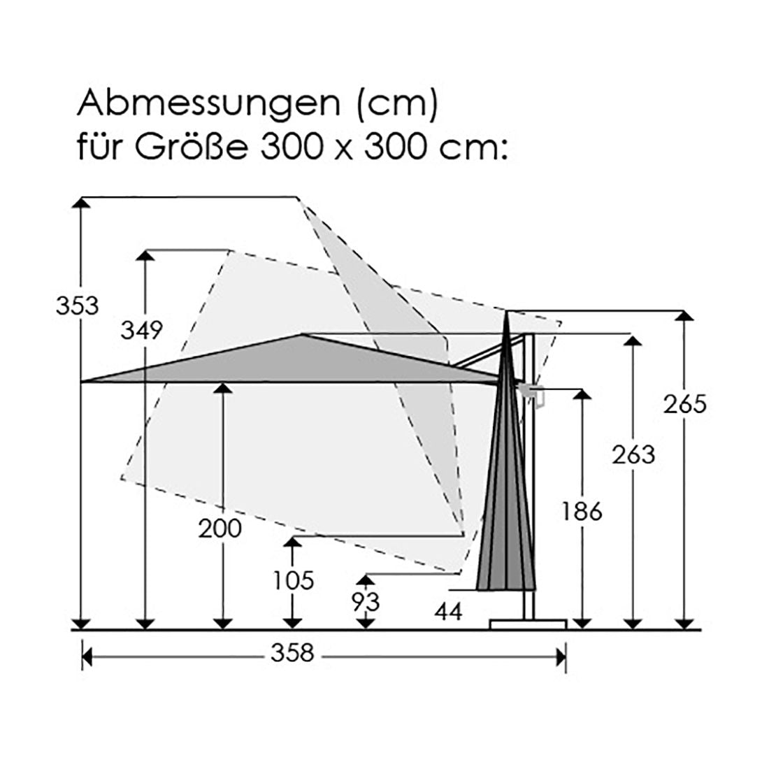 Nærbilde av kurbelmekanismen på fritthengende parasoll Rhodos Twist 300x300cm antrasitt