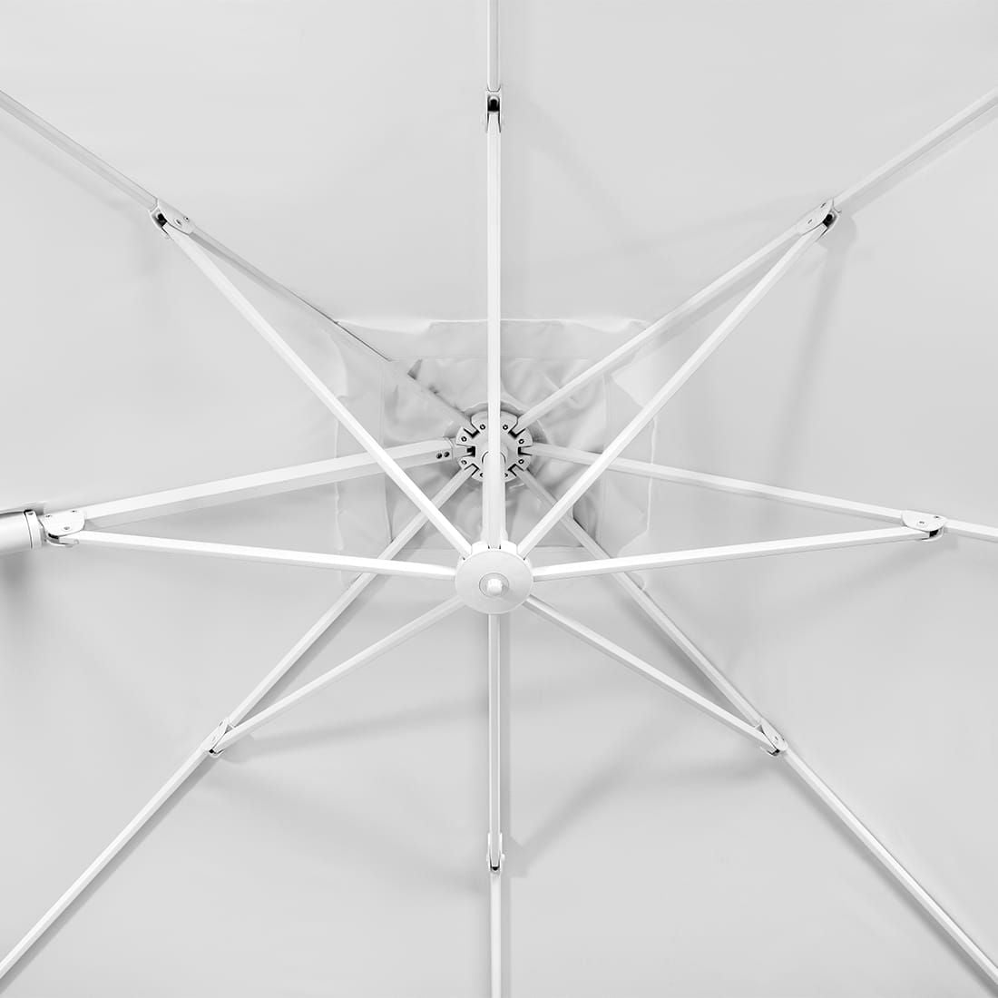 Parasoll Rhodos Twist-Bianco 300x300cm hvit i moderne hagemiljø