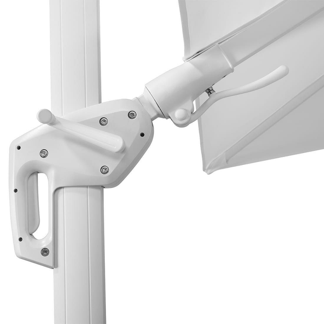 Parasoll Rhodos Twist-Bianco 300x300cm hvit under solskinn