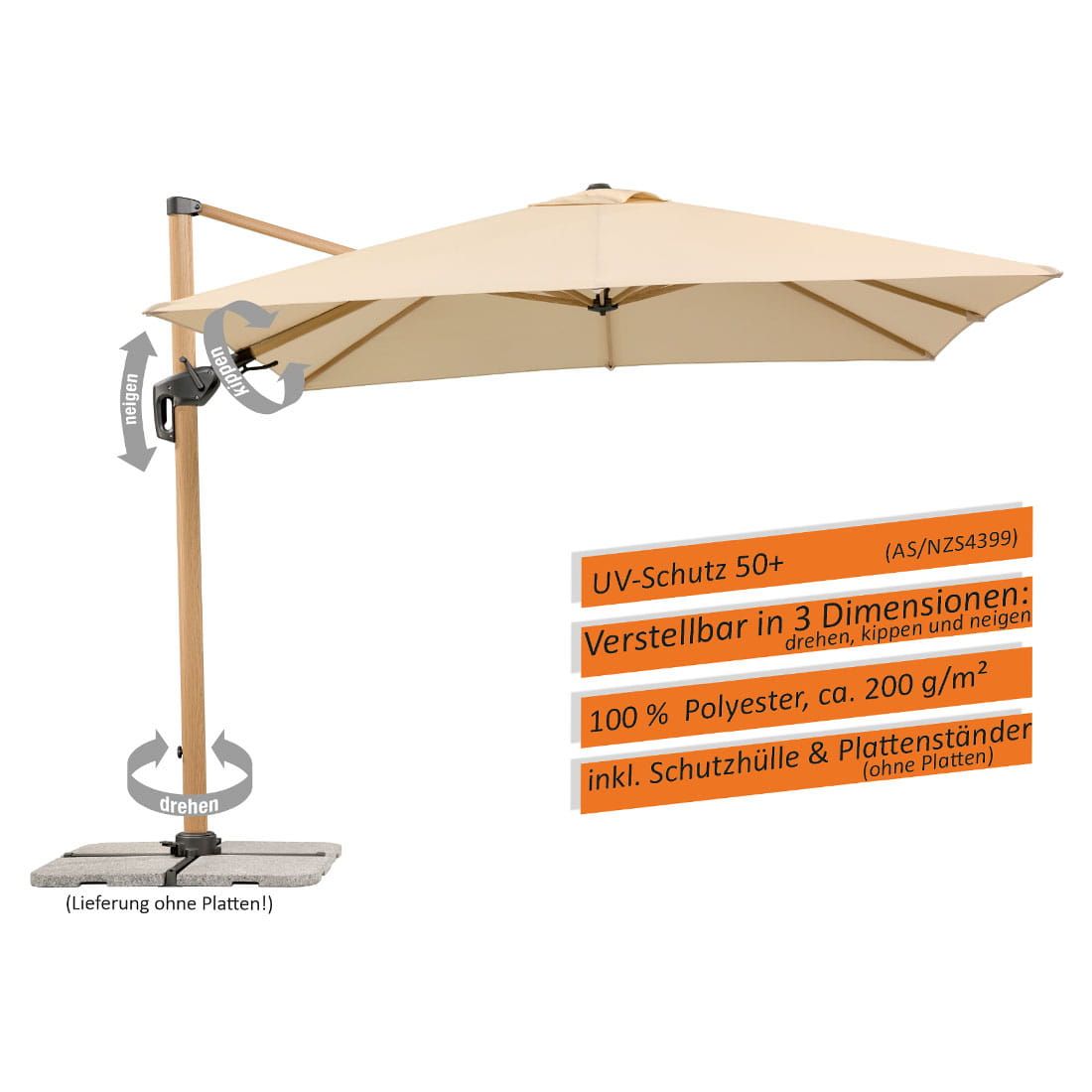 Montert fritthengende parasoll Rhodos Twist-Woody 300x300cm natur