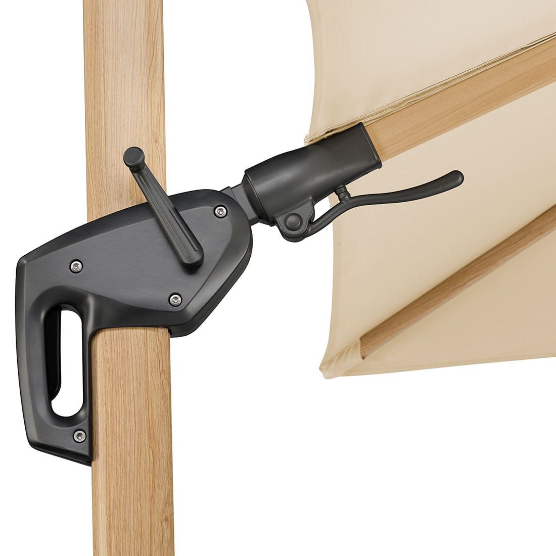 Sidevinkel av fritthengende parasoll Rhodos Twist-Woody 300x300cm natur
