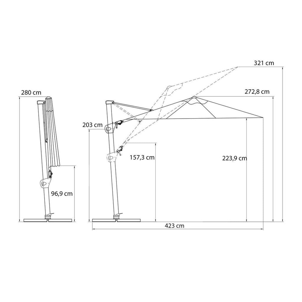 Fritthengende parasoll Saint Tropez Ø350cm antrasitt bakside