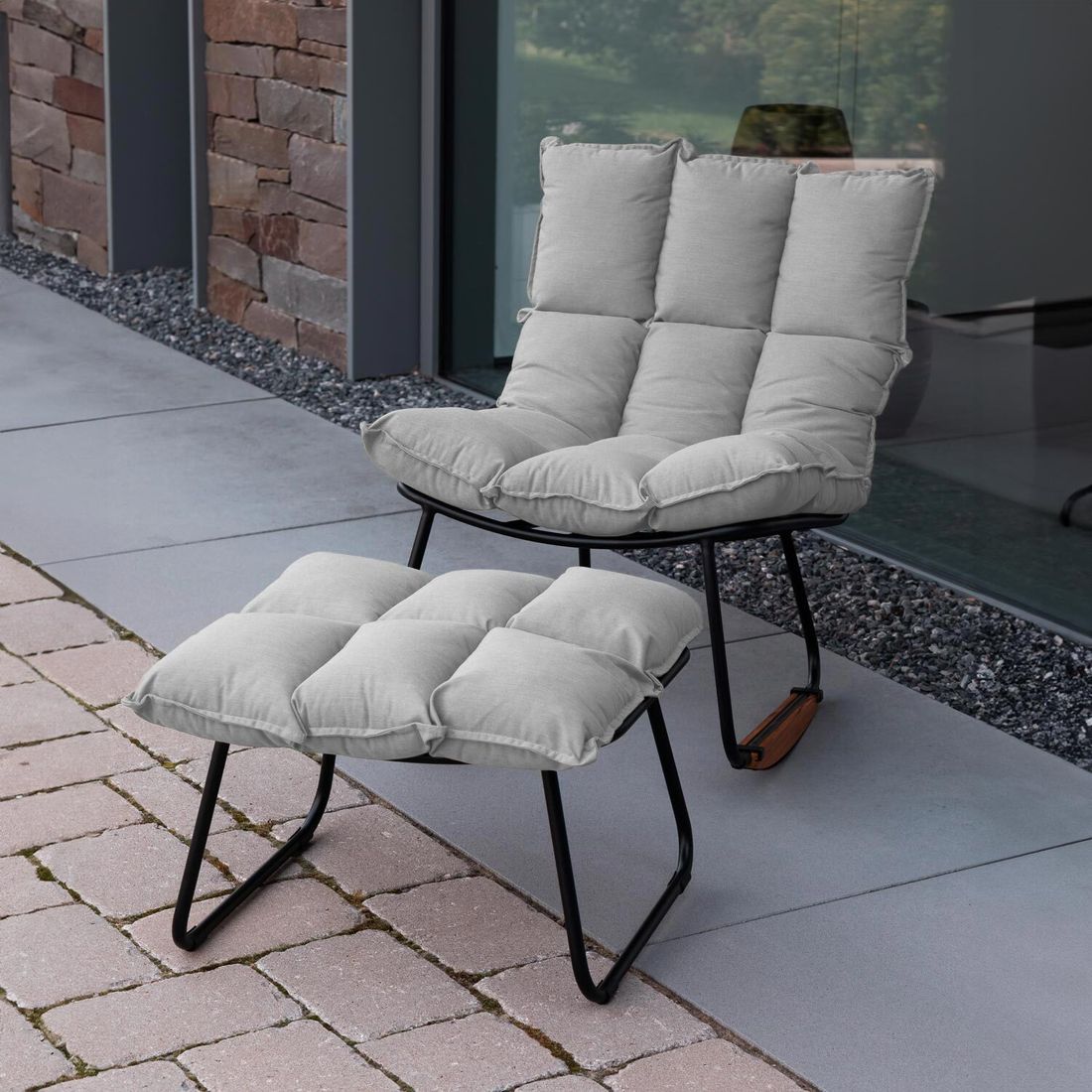 Gyngestol Leska med krakk aluminium Sunbrella forfra