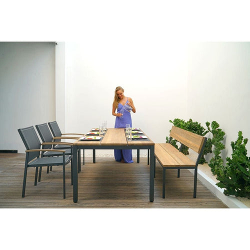 Hagebenk Alex aluminium/resirkulert teak 190 cm detalj av teak sitteflate