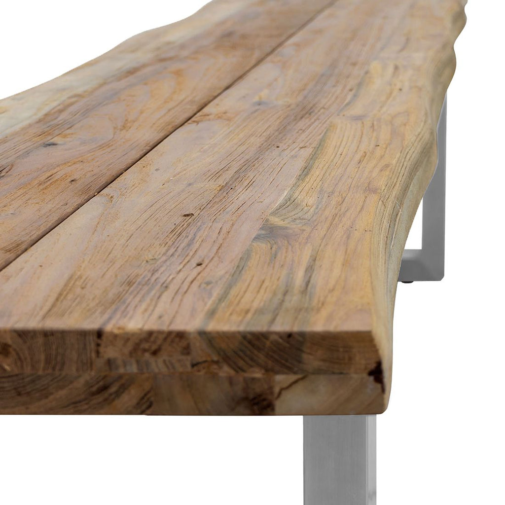 Detalj av Hagebenk Ascona 240 cm rustfritt stål og resirkulert teak