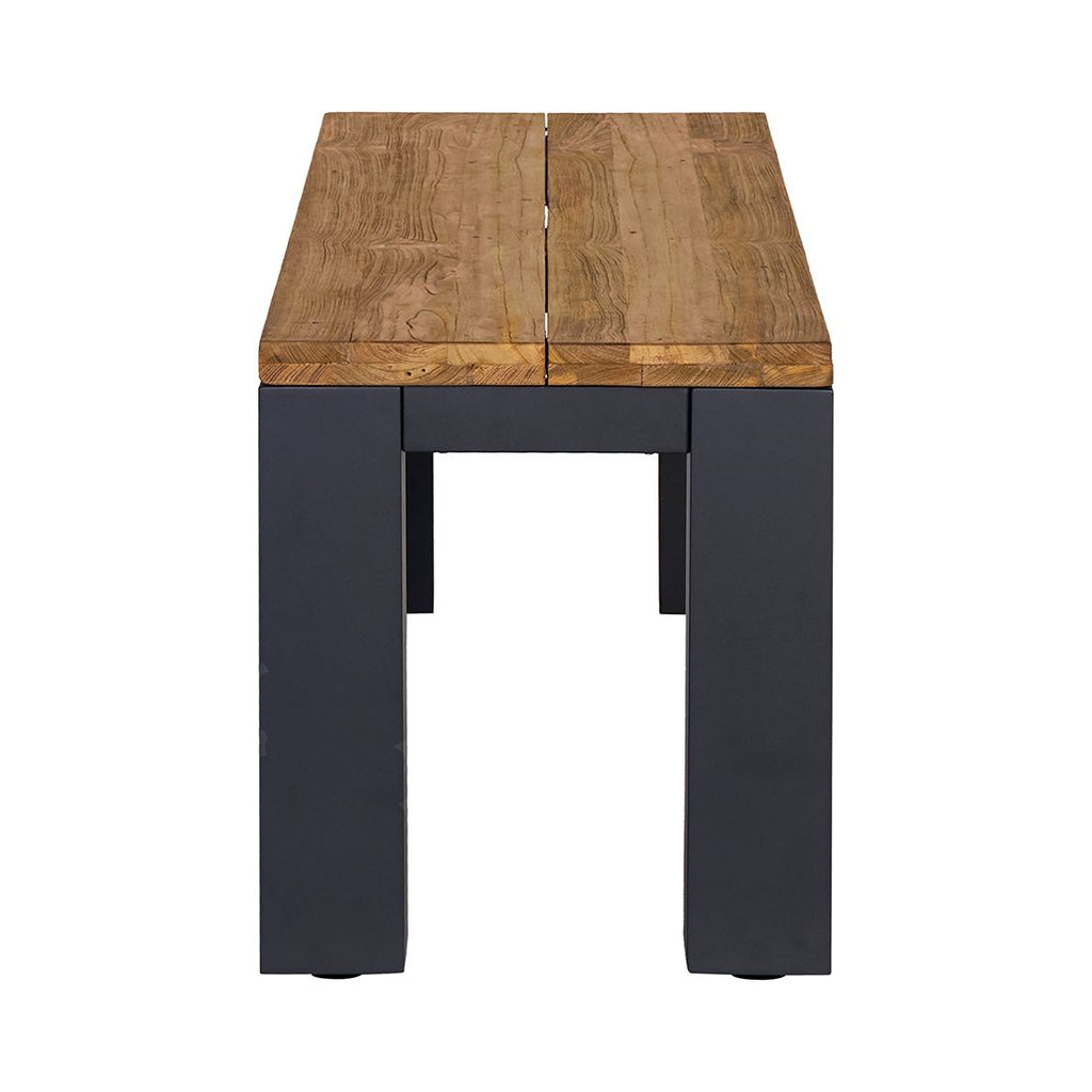 Detaljbilde av resirkulert teak på Hagebenk Atlanta