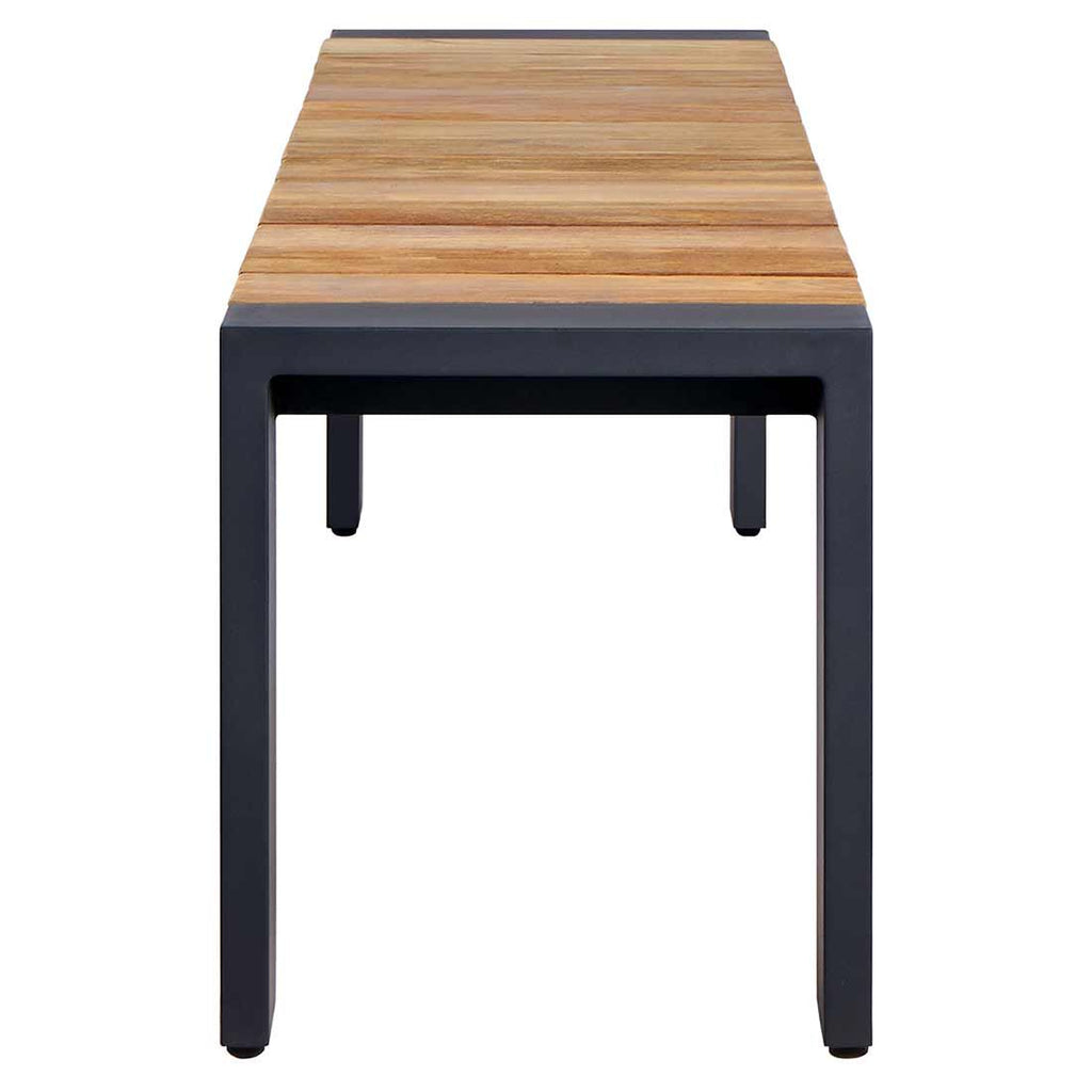 Detalj av hagebenk Konis aluminium og resirkulert teak 220 cm
