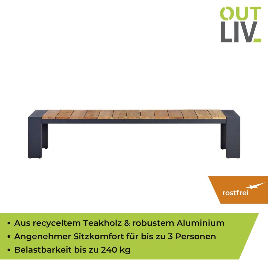 Nærbilde av sitteflate på hagebenk Konis aluminium og resirkulert teak 220 cm