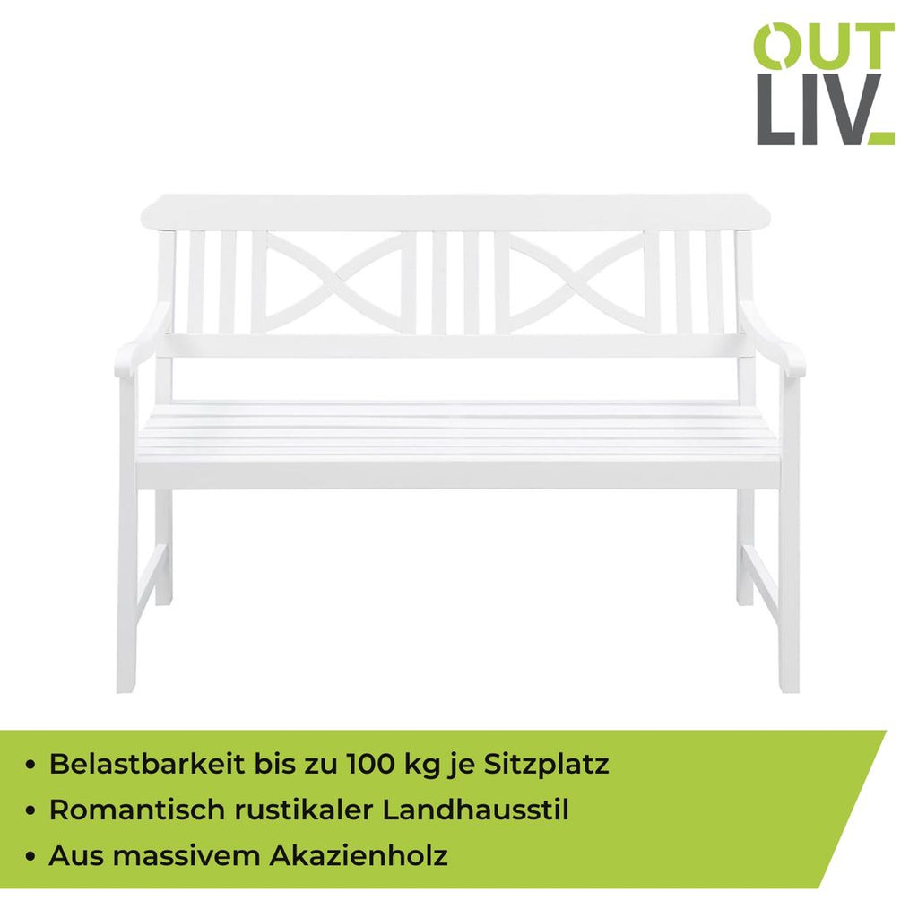 Detalj av benkens hvite finish på Hagebenk Landhaus akasie 128 cm hvit