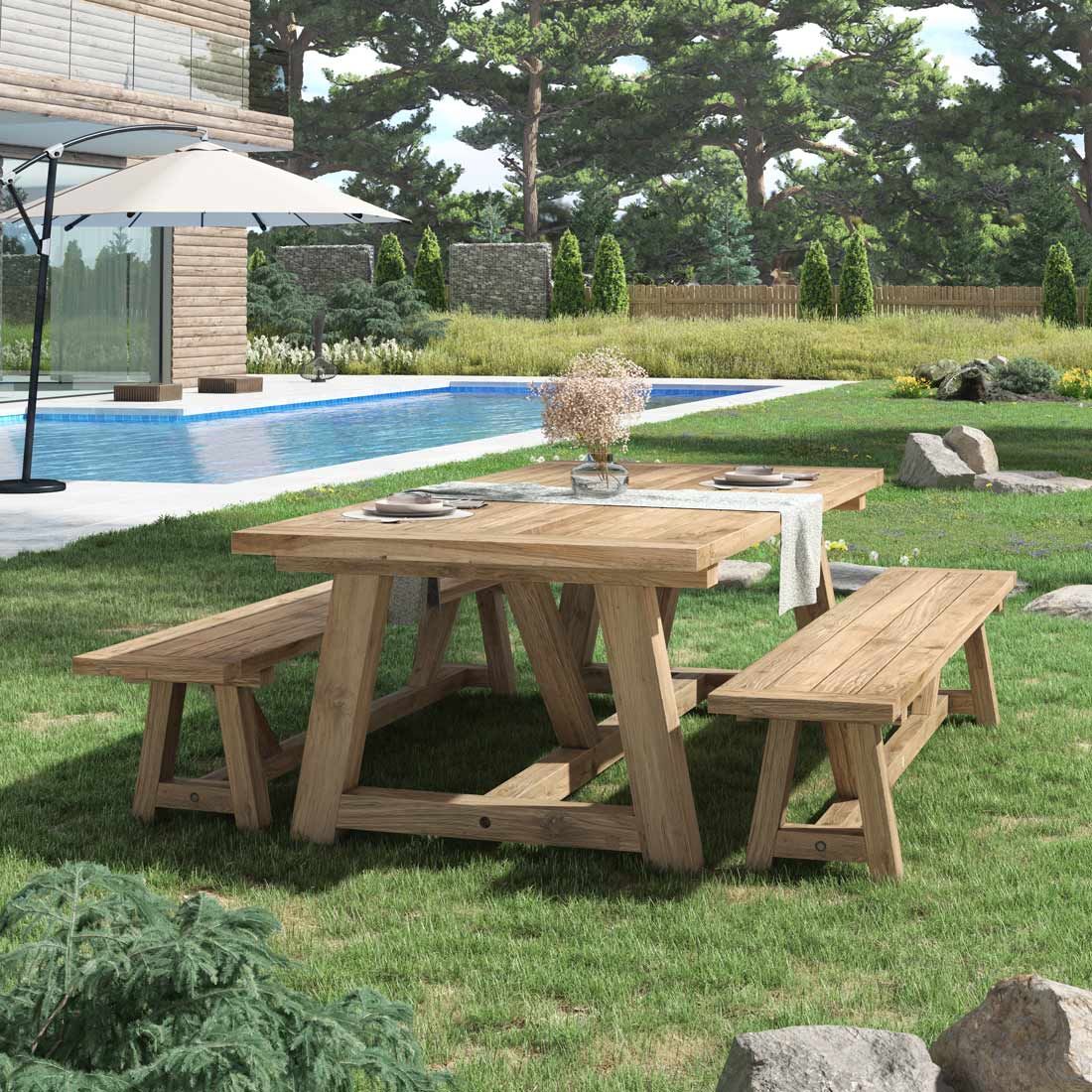 Detalj av Hagebenk Marbella resirkulert teak 240 cm