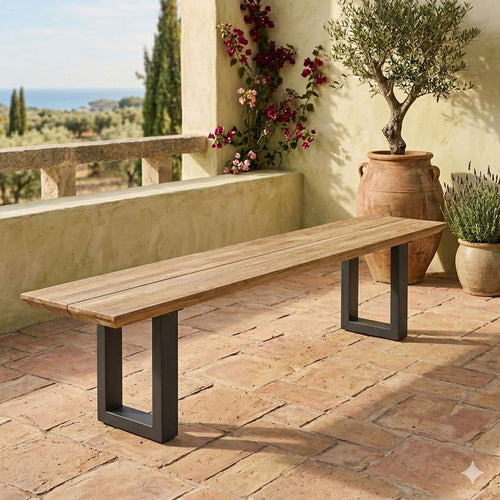 Hagebenk Negara rustfritt stål og resirkulert teak 220 cm forfra