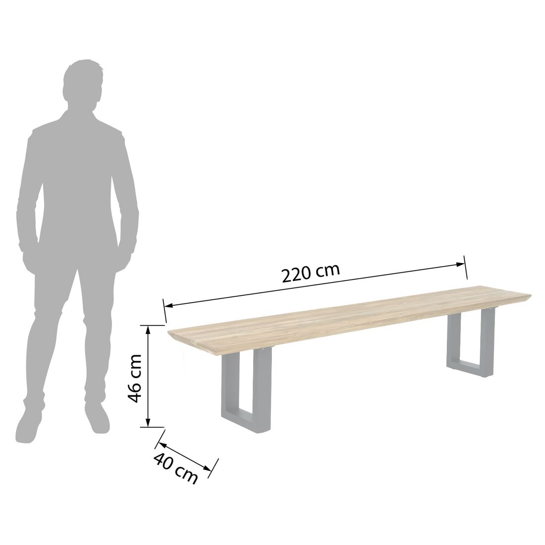 Detalj av rustfritt stål på Hagebenk Negara rustfritt stål og resirkulert teak 220 cm