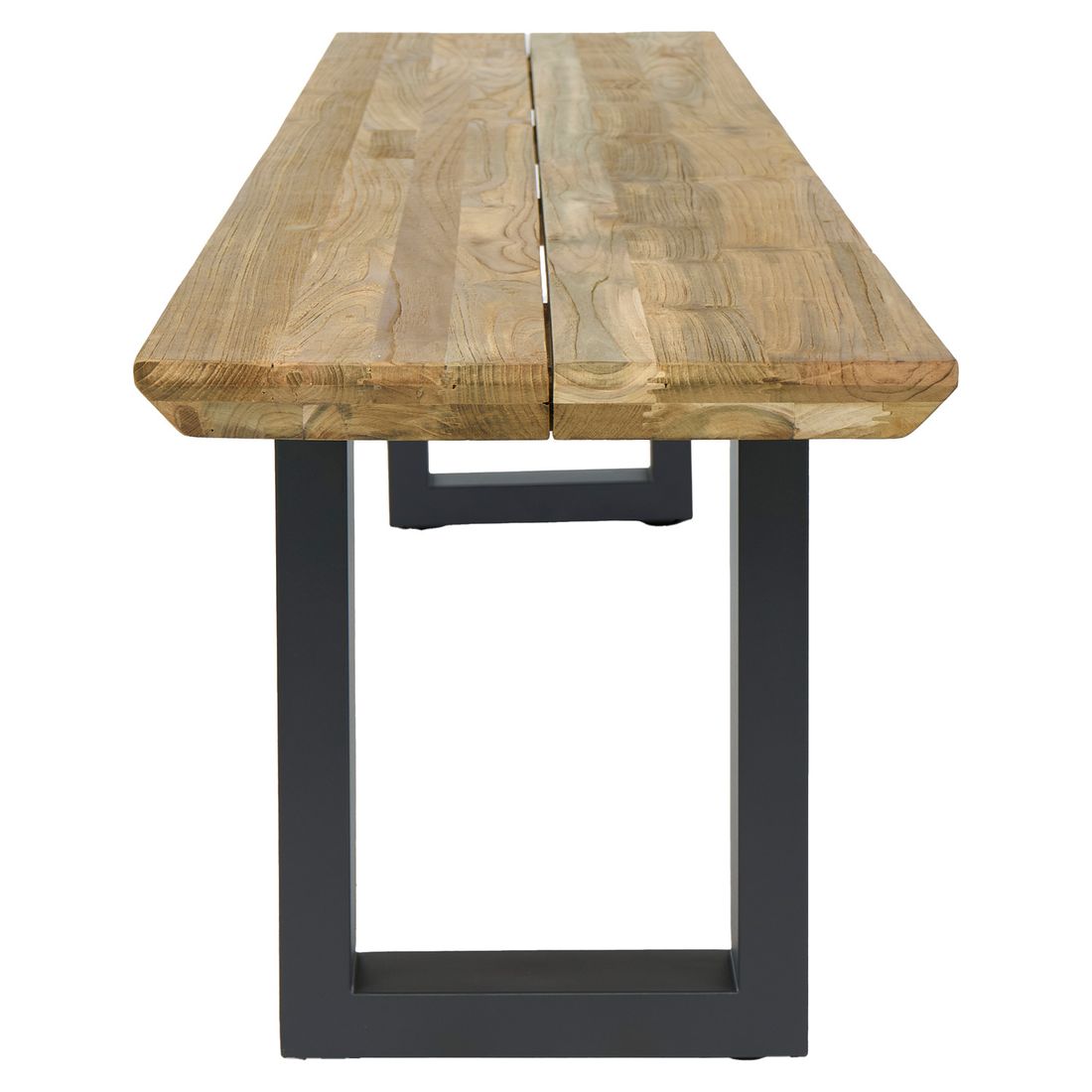 Nærbilde av resirkulert teak sitteflate på Hagebenk Negara rustfritt stål og resirkulert teak 220 cm