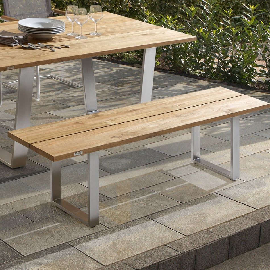 Bakside av Hagebenk Nemo rustfritt stål og teak 160 cm