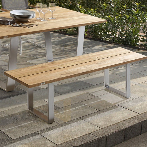 Bakside av Hagebenk Nemo rustfritt stål og teak 160 cm