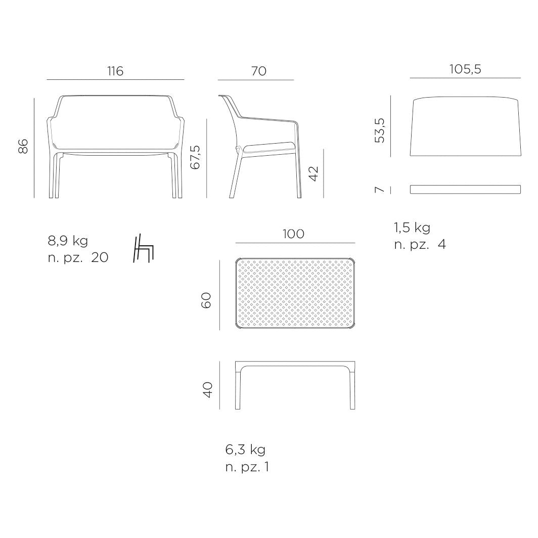 Sideprofil av Hagebenk Net plast med sittepute og bord 116 cm