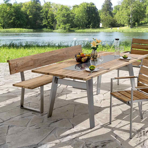 Hagebenk Nova 160 cm rustfritt stål og teak detalj av teak sitteflate