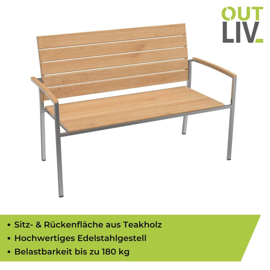 Detalj av hagebenk Pamplona rustfritt stål og teak 120 cm