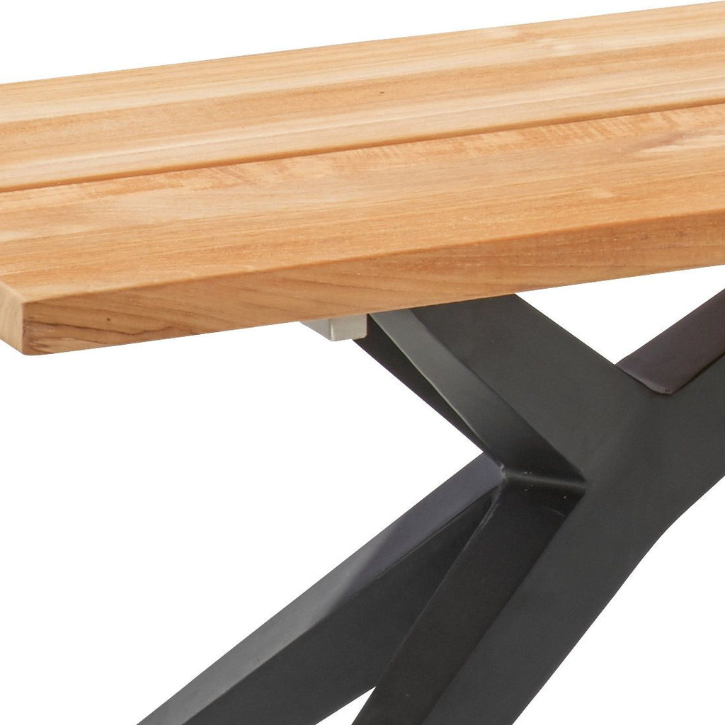 Detalj av materialer på Hagebenk Rotterdam rustfritt stål/resirkulert teak 280 cm