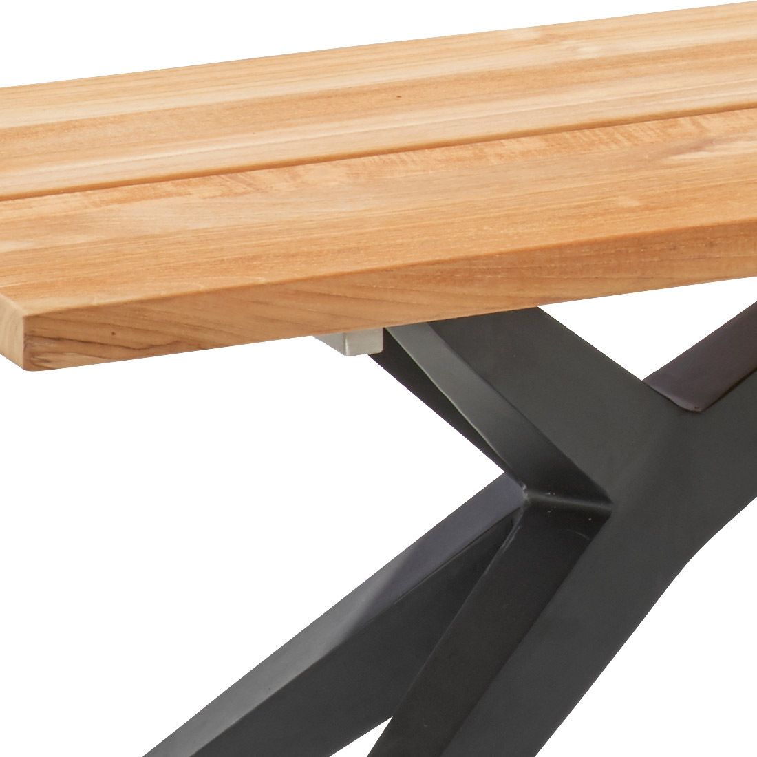Detalj av materialer på Hagebenk Rotterdam rustfritt stål/resirkulert teak 280 cm