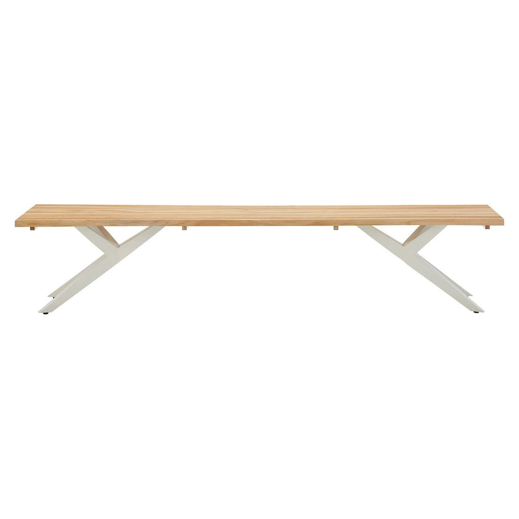 Nærbilde av rustfritt stål ramme på Hagebenk Skagen rustfritt stål og teak 220 cm