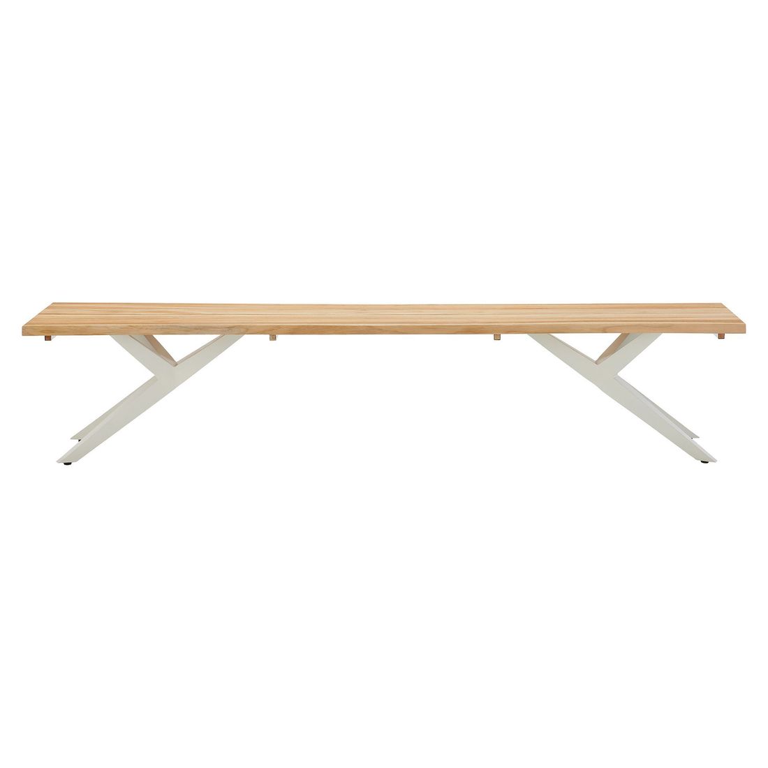 Nærbilde av rustfritt stål ramme på Hagebenk Skagen rustfritt stål og teak 220 cm
