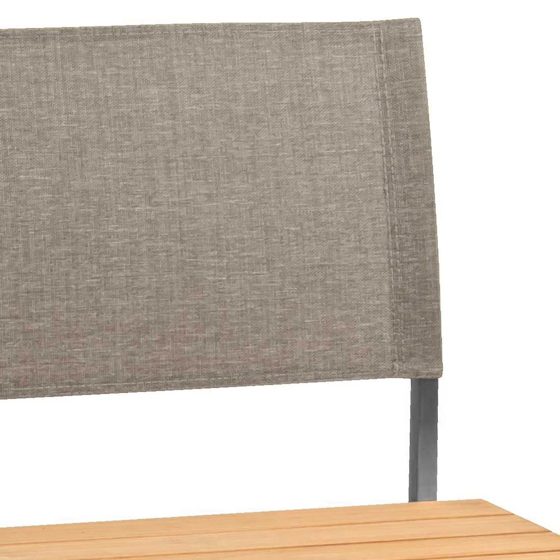Detalj av benkeplate i teak på Hagebenk Viona rustfritt stål/teak 110 cm