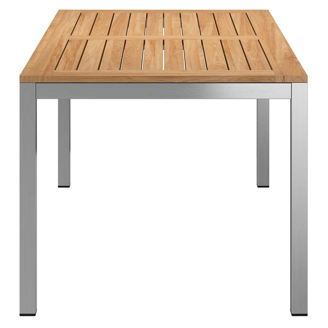 Detalj av bordplate i teak på Hagebord 160x90 cm rustfritt stål og teak