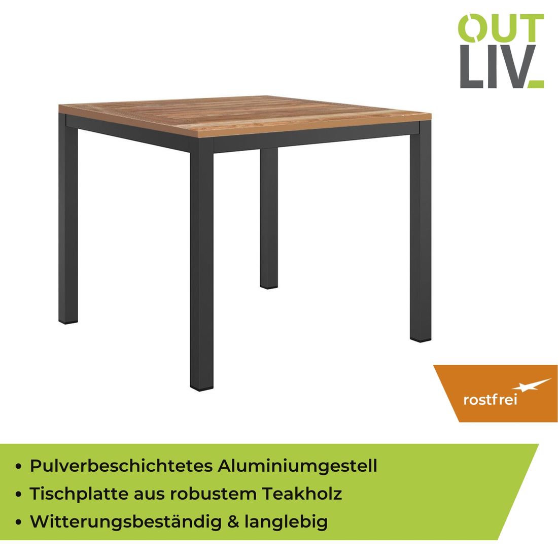 Hagebord 90x90 cm aluminium/teak antrasitt sett fra siden