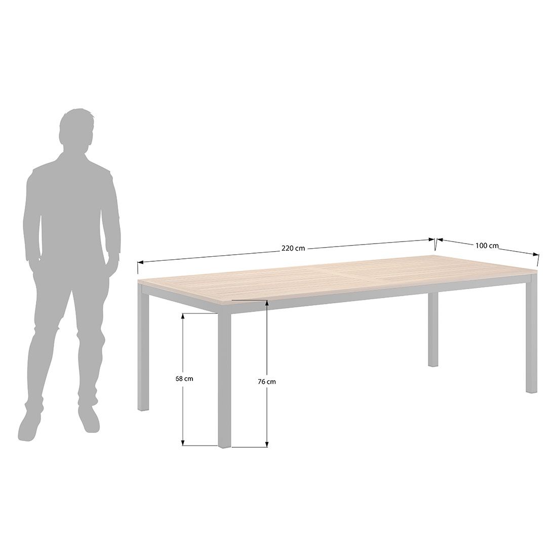 Hagebord aluminium/teak 220x100 cm - OUTLIV sett fra siden